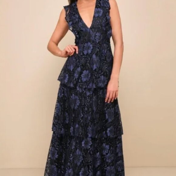 NWT Lulu's Molinetto Navy Blue Lace Ruffled Tiered Sleeveless Maxi Dress 3X - Picture 4 of 12